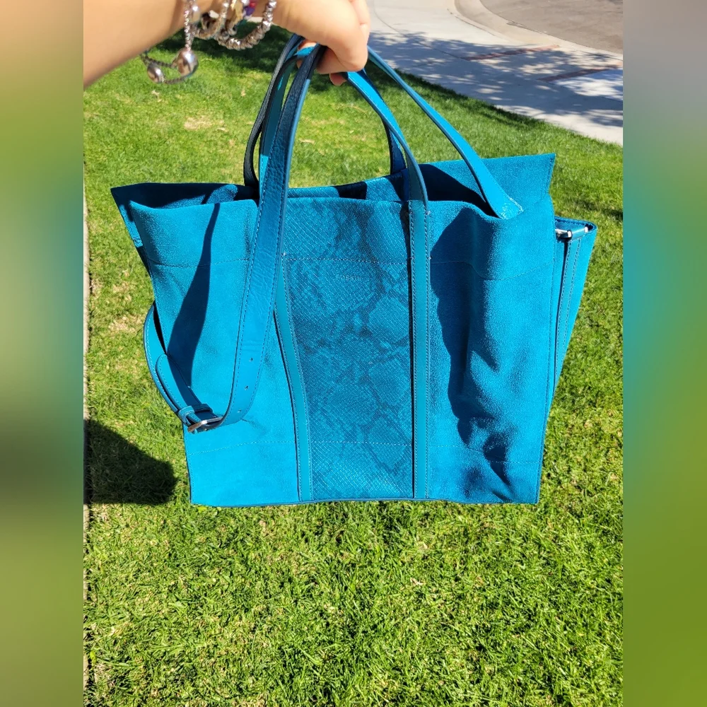 Fossil Suede and Leather Lagoon‎ Blue Carmen Tote Shopper Purse Bag